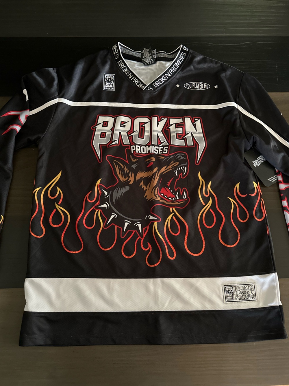 Broken Promises Men’s Black Graphic Hockey Jersey - Flames & Wolf